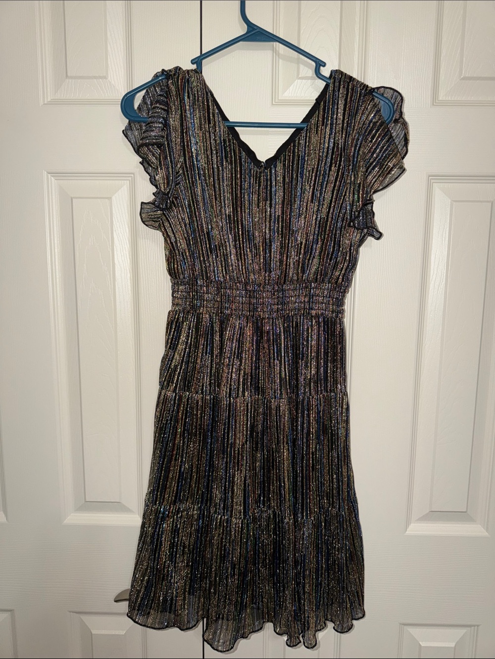 Emerald Sundae Black Shimmery Multi-Stripe V-Neck Midi Dress